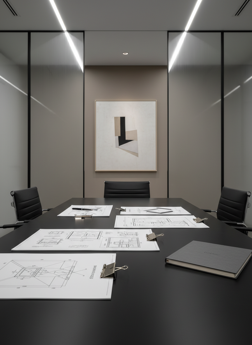 A sleek, deep charcoal conference table with a perfect matte finish, displaying a spread of architecturally-inspired documents, metallic binder clips, and a closed, angular graphite notebook. The table sits in a neatly organized meeting room with frosted-glass partitions and a neutral, taupe background wall. Ambient, indirect lighting from a concealed source gently bathes the scene, lending a structured, soft-edged shadow beneath the stationery. The perspective is a centered, slightly elevated angle, using rule-of-thirds composition to highlight balance and structure. The photographic image is calm, precise, and purposeful, reinforcing the site’s strategic, boutique identity.