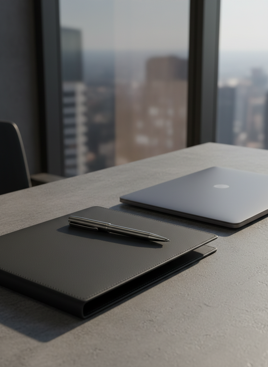 An elegant, geometric arrangement of premium matte black and brushed steel business objects—a closed leather portfolio, a precision-milled pen, and a slim laptop—resting on a stone-gray desk with sharp, clean lines. The background subtly features a glass wall, out of focus, suggesting a modern office tower. Soft, diffused daylight filters in from the left, creating subtle highlights on the metallic surfaces and understated shadows under each item. The mood is calm, focused, and authoritative, emphasizing clarity and refined professionalism. Captured from an eye-level, slightly angled perspective with sharp focus and a balanced, structured composition, this photographic realism image conveys strategic competence and corporate distinction.