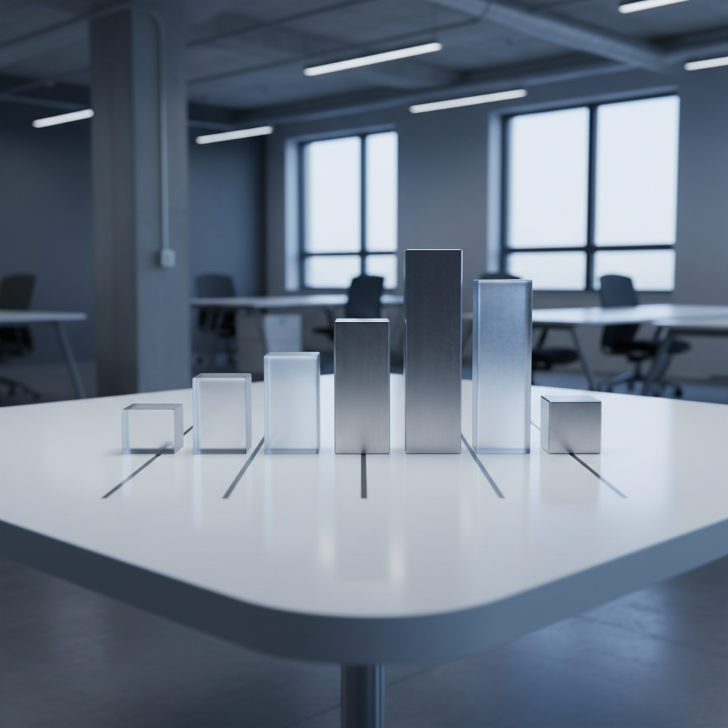 A carefully arranged series of frosted glass blocks and anodized aluminum cubes forming a stylized bar chart, each segment separated with clean, precise lines. The display sits atop a pristine white acrylic tabletop with minimalist edges, set within a structured, open-plan workspace. Cool, even overhead light softly illuminates the translucent blocks, casting gentle, well-defined shadows and subtle reflections across the tabletop. The composition is symmetrical with strong horizontal and vertical alignment, evoking a sense of order and calculated growth. Photographic realism with a cool, sophisticated palette that aligns perfectly with high-end strategic consulting aesthetics.